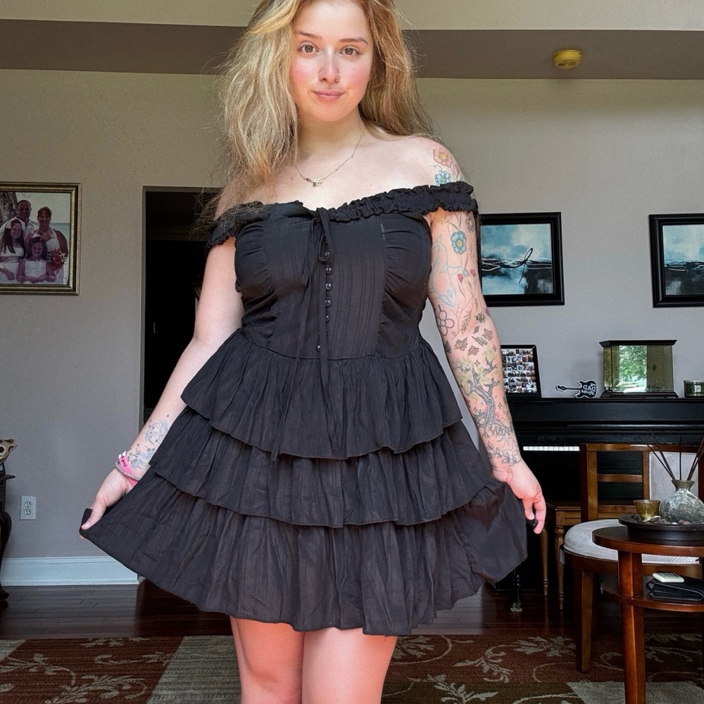 Black Off-Shoulder, Ruffled Dress - CIDER